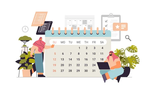 Empresários usando calendário planejamento dia agendamento nomeação na agenda reunião plano gestão do tempo — Vetor de Stock