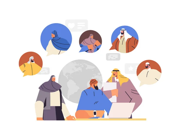 Arabští podnikatelé diskutující při setkání s bublinou komunikace multikulturní společnost koncept — Stockový vektor