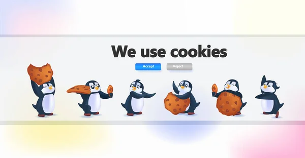 Пингвины, держащие печенье защиты персональной информации Интернет всплывающее окно мы используем уведомление политики куки — стоковый вектор