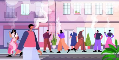 Sigara içen insanlar kötü alışkanlıklar sağlıksız yaşam tarzı nikotin bağımlılığı kavramı şehir manzarası geçmişi