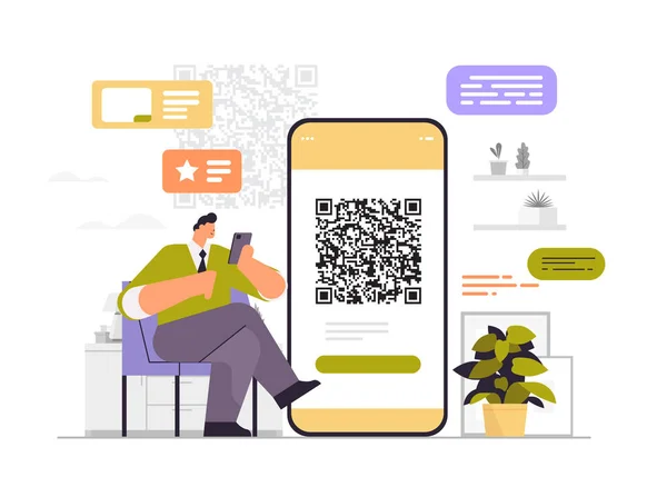 Geschäftsmann scannt QR-Code auf Smartphone-Bildschirm lesbares Barcode-Überprüfungskonzept — Stockvektor