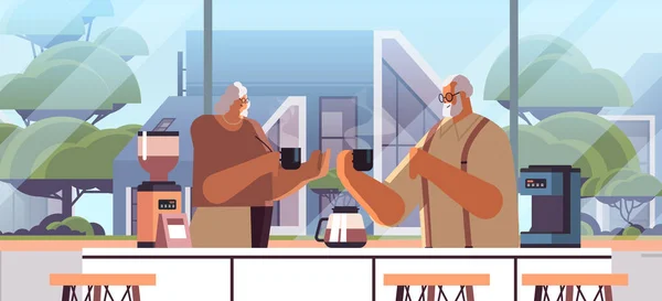 Couple âgé boire du café et parler ensemble à la maison cuisine horizontale — Image vectorielle
