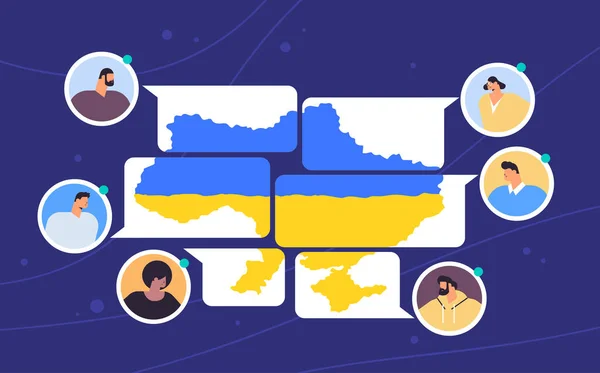 在社交网络上与乌克兰地图聊天的人们为乌克兰的和平祈祷，拯救乌克兰脱离俄罗斯 — 图库矢量图片