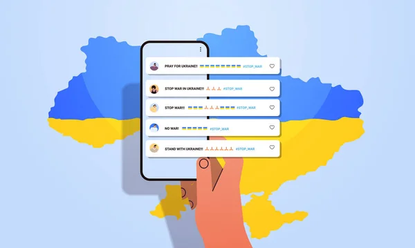 Ruční pomocí smartphone čtení komentáře v sociálních sítích modlit se za Ukrajinu mír zachránit Ukrajinu z Ruska zastavit válku — Stockový vektor