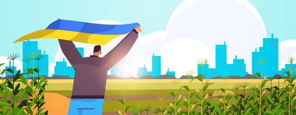 Mann mit ukrainischer Flagge im Freien beten für den Frieden in der Ukraine retten Ukraine vor Russland stoppen Krieg Konzept — Stockvektor
