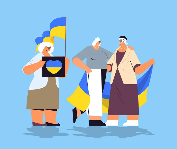 Старші люди протестуючі, що тримають українські прапори моляться за Україну, щоб врятувати Україну від російської концепції зупинки війни — стоковий вектор