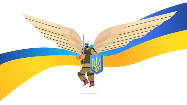 Ukrainian soldier in full body armor with wings and sword special forced Ukrainian defender in military cloth — стоковый вектор