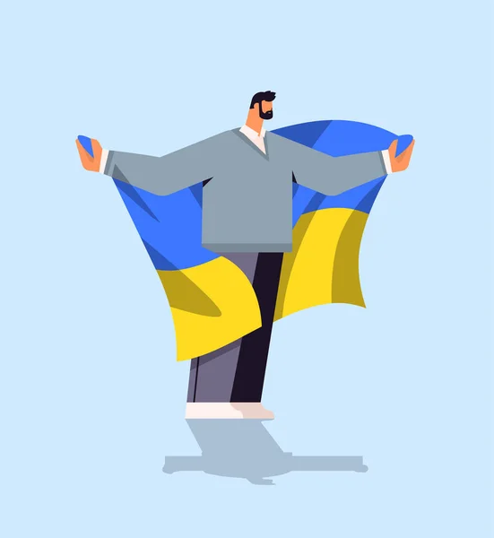 Протестуючий, який тримає український прапор, молячись за Україну, врятувати Україну від російської концепції зупинки війни — стоковий вектор