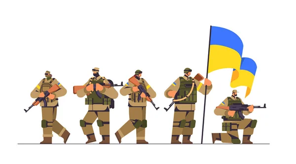 Ukrajinští vojáci v plné zbroji speciální nucené ukrajinské obránce ve vojenských oděvech — Stockový vektor
