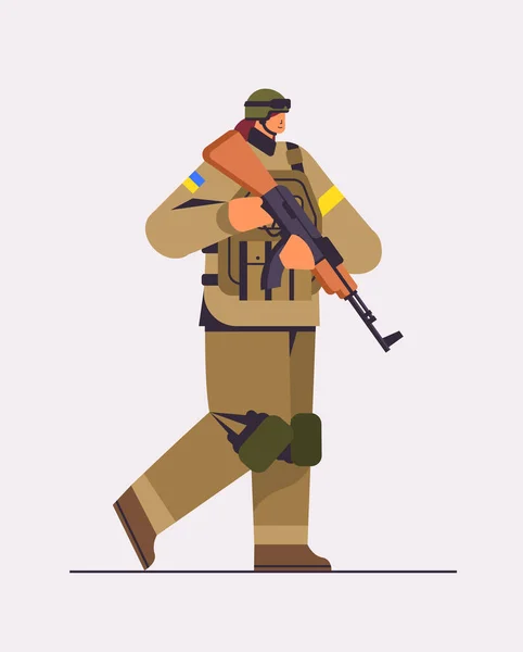 Soldado ucraniano en armadura de cuerpo entero defensor ucraniano forzado especial en tela militar fuerzas armadas de Ucrania detener la guerra — Vector de stock