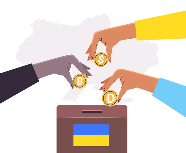 Ruce držící kryptografické měny pomáhají Ukrajině proti válce darování ukrajinské armády darovat na pomoc zachránit Ukrajinu solidaritu — Stockový vektor