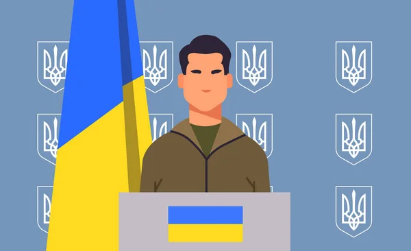 Ukrinian leader president speaks news conference during russian invasion of Ukraine stop war news briefing concept — стоковый вектор
