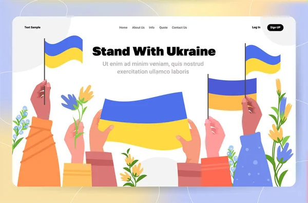Manifestantes mãos segurando bandeiras ucranianas rezar pela paz Ucrânia salvar a Ucrânia da Rússia parar conceito de guerra — Vetor de Stock