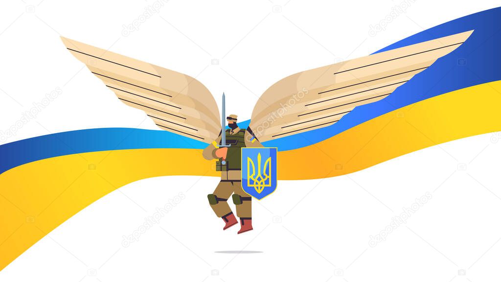 Ukrainian soldier in full body armor with wings and sword special forced Ukrainian defender in military cloth