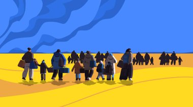 Ukrainian refugees with things fleeing russian aggression against Ukraine stop war concept people searching new homes clipart