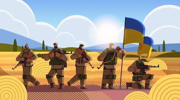 Ukrainian soldiers in full body armor special forced Ukrainian defenders in military clothes armed forces of Ukraine stop war — стоковый вектор