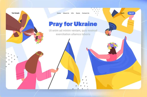 Mulheres protestantes segurando bandeira ucraniana rezar pela paz Ucrânia salvar a Ucrânia da Rússia parar conceito de guerra — Vetor de Stock
