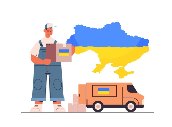 Deliveryman giving help box with Ukraininan flag to refugees humanitarian aid material assistance governmental help — ストックベクタ
