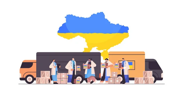 Doctors holding help boxes with medical supplies humanitarian aid material assistance governmental help concept — стоковый вектор