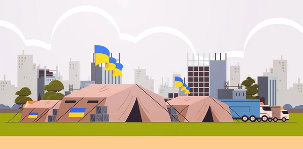 Humanitäre Hilfe für Flüchtlinge Spendenwagen und Zelte zum Schlafen und freiwillige Helfer für die Grundbedürfnisse mit ukrainischen Flaggen — Stockvektor