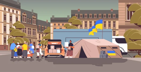 Freiwillige geben der humanitären Flüchtlingshilfe Hilfsboxen mit ukrainischer Flagge — Stockvektor