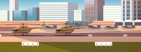 Strategische Kampfflugzeuge und Hubschrauber mit Düsenantrieb auf der Landebahn des Militärflughafens und am Kontrollpunkt der Luftfahrt — Stockvektor