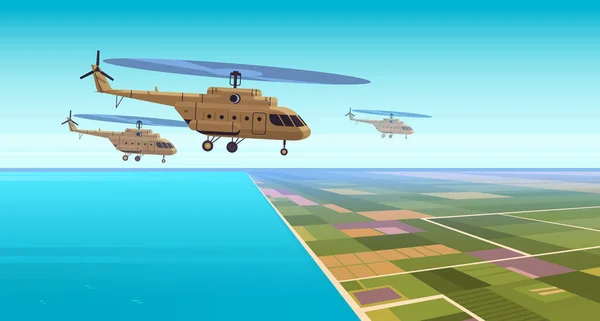 Kamouflerade attack helikoptrar flyger i skyn särskild strid transport militär utrustning koncept stoppa krig mot Ukraina — Stock vektor