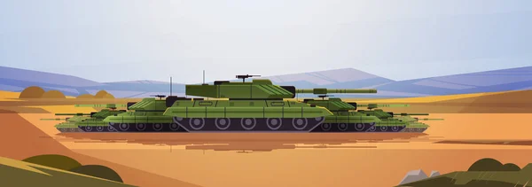 Oekraïense tanks speciale strijd transport militaire uitrusting zwaar gepantserd vechtvoertuig in woestijn stop oorlog tegen Oekraïne — Stockvector