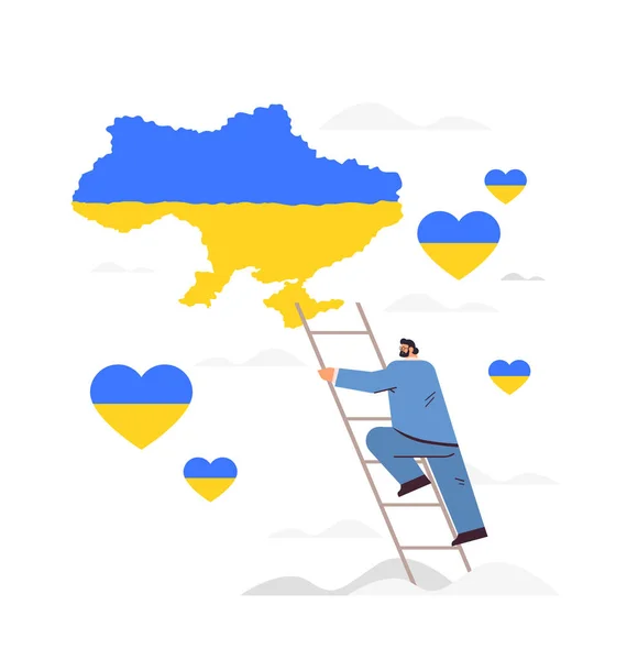 Businessman climbing ladder to Ukrainian map pray for Ukraine peace save Ukraine from russia stop war concept — Stockvektor