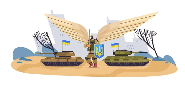 Ukrainian soldier in full body armor near tanks special forced Ukrainian defender in military cloth armed forces of Ukraine stop war — стоковий вектор