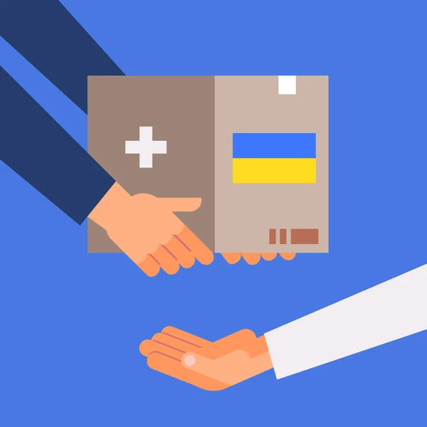 Volunteer giving help box with Ukrainian flag to refugee humanitarian aid material assistance governmental help — стоковый вектор