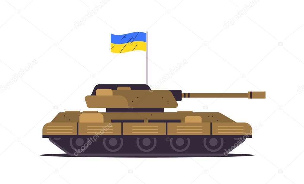 Ukrainian tank with flag special battle transport military equipment heavy armored fighting vehicle concept