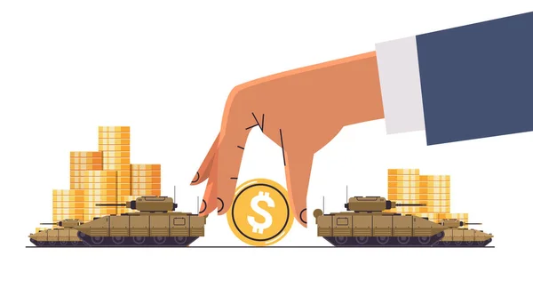 Oekraïense tank speciale leger strijd transport militaire uitrusting in de buurt van dollar munten financiering van oorlog sancties metafoor — Stockvector