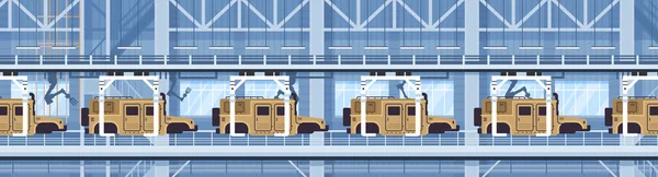 Transport de troupes blindé APC sur la ligne de convoyeur d'assemblage avec robot armes transport de combat spécial production d'équipement militaire — Image vectorielle