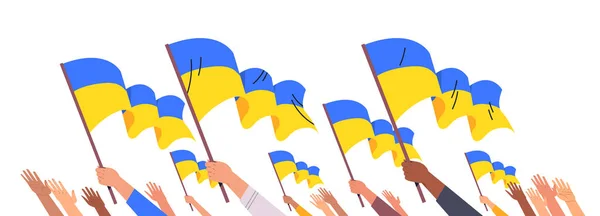 Mix race human hands holding Ukrainian flag pray for Ukraine peace save Ukraine from russia stop war concept — стоковий вектор