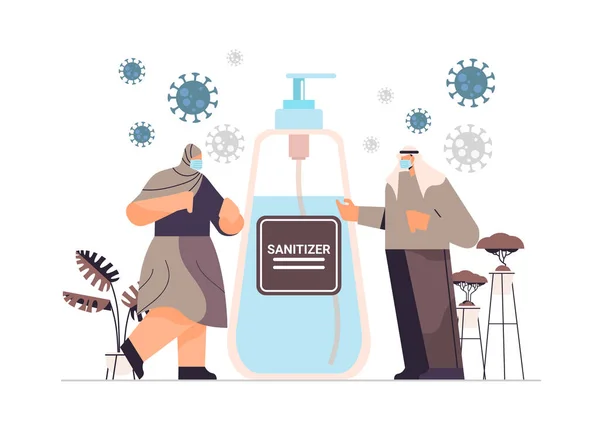 Arab people in masks applying antibacterial spray disinfection against virus bacteria stop coronavirus use hand sanitizer — Stockvektor