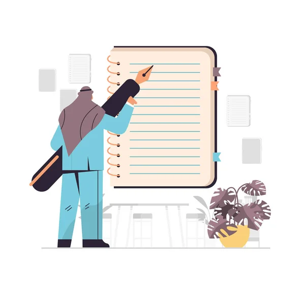 Hombre de negocios escribiendo en notebook hombre de negocios planeando en la lista de control de notas en el cuestionario de encuesta de bloc de notas a hacer lista de acuerdos — Archivo Imágenes Vectoriales