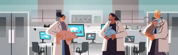 Scientists or veterinary workers team doing experiments in lab with experimental animals biological genetic engineering research — Stockvector