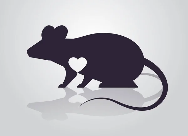 Cute black rat silhouette with white heart cartoon animal — Wektor stockowy