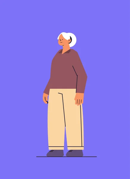 Senior woman in casual clothes grandmother standing pose female cartoon character full length — Stockvector