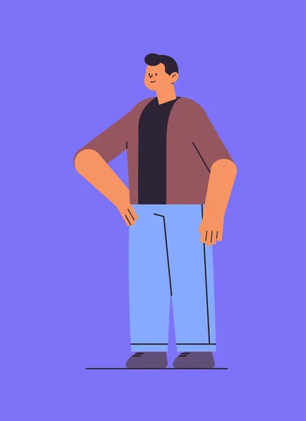 Homme en vêtements décontractés mignon gars debout pose mâle personnage de dessin animé pleine longueur verticale — Image vectorielle