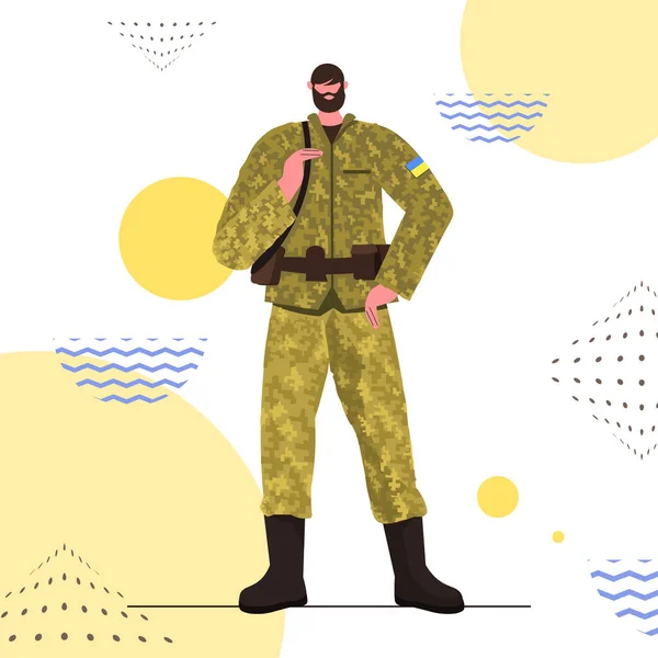 Ukrainian soldier in full body armor special forced Ukrainian defender in military cloth armed forces of Ukraine stop war — стоковый вектор