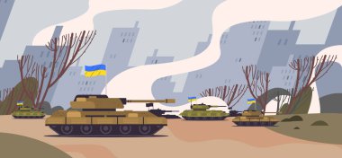 Özel savaş bayraklı Ukrayna tankları. Askeri teçhizat. Ağır zırhlı savaş aracı kavramı.