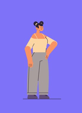 Gündelik elbiseli genç kadın güzel kız ayakta duruyor kadın çizgi film karakteri tam boy dikey