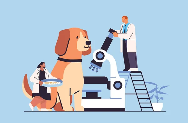 Scientists doing experiments in lab veterinary workers with experimental dog biological genetic engineering research — Stok Vektör