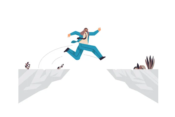 Arab businessman jumping over cliff gap mountain business risk success challenge courage determination motivation — Stockvektor