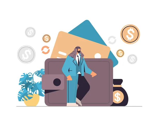 Arab businessman near wallet saving money getting profit high income investment earning finance success concept — Stock Vector