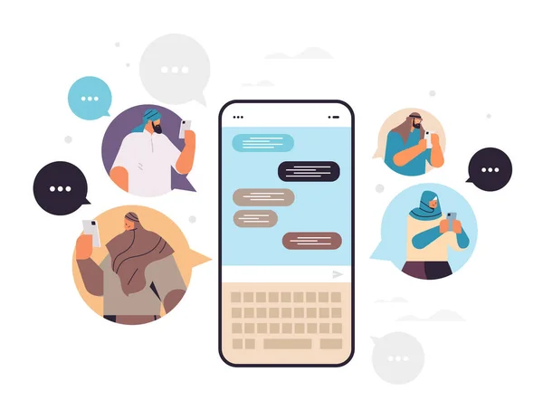 Árabe personas escribiendo mensaje en el teléfono inteligente árabe hombres mujeres charlando en la aplicación móvil chat burbuja de comunicación — Archivo Imágenes Vectoriales