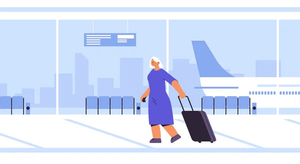 Γυναίκα επιβάτη με αποσκευές με τα πόδια στο σύγχρονο αεροδρόμιο τερματικό αίθουσα αναμονής αναχώρηση σαλόνι εσωτερικό ταξιδιωτικό έννοια — Διανυσματικό Αρχείο