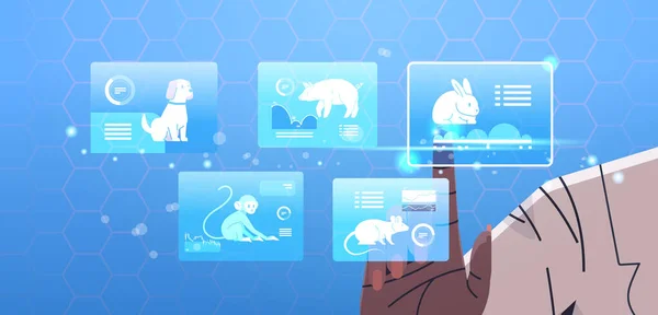 Bilim adamı ya da veterinerlik çalışanı dijital ekrandan hayvanları seçiyor ve laboratuvar biyoloji mühendisliği araştırmaları yapıyor. — Stok Vektör